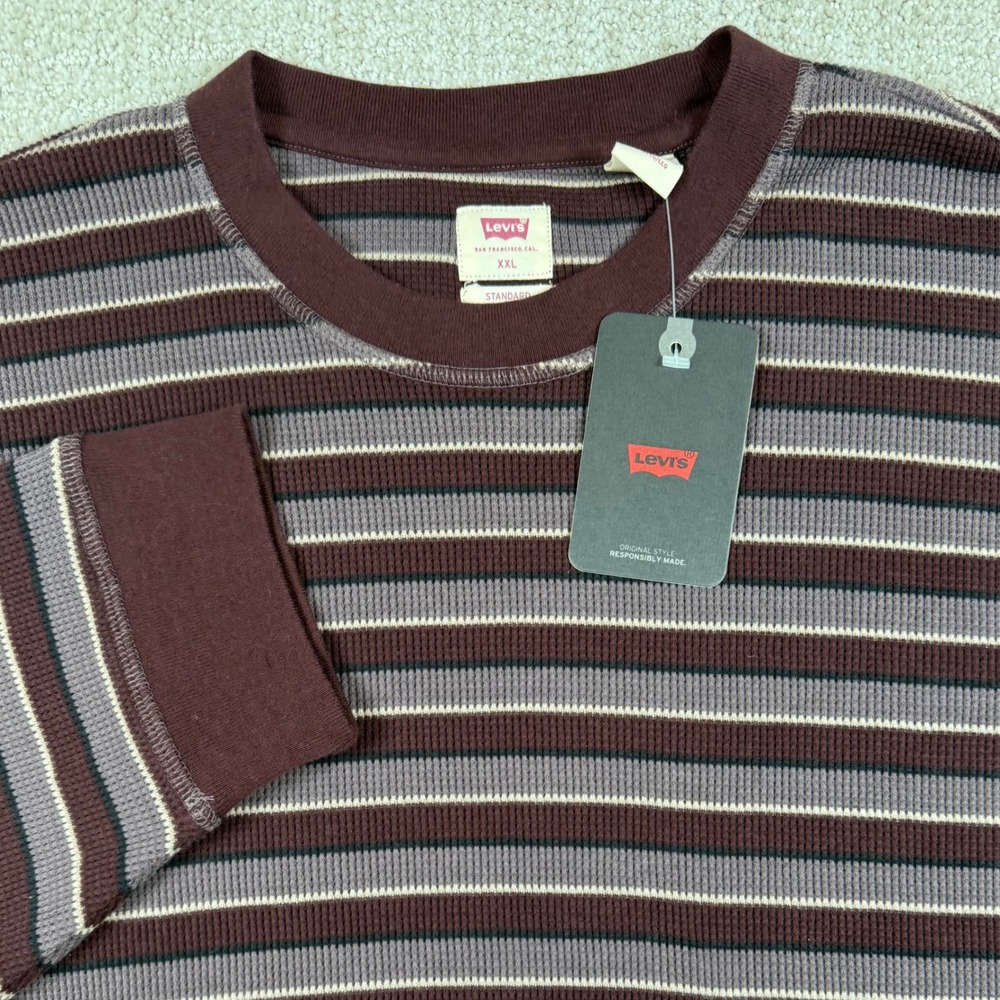 NEW Levi's Mens 2XL Burgundy Striped Waffle Knit Long Sleeve Thermal Shirt